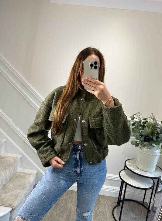 Khaki Boucle Bomber Jacket