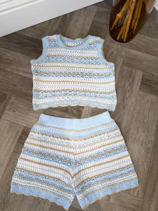 Blue Knitted Short Set