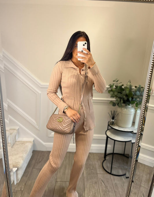 Taupe Ribbed Button Up Lounge Set